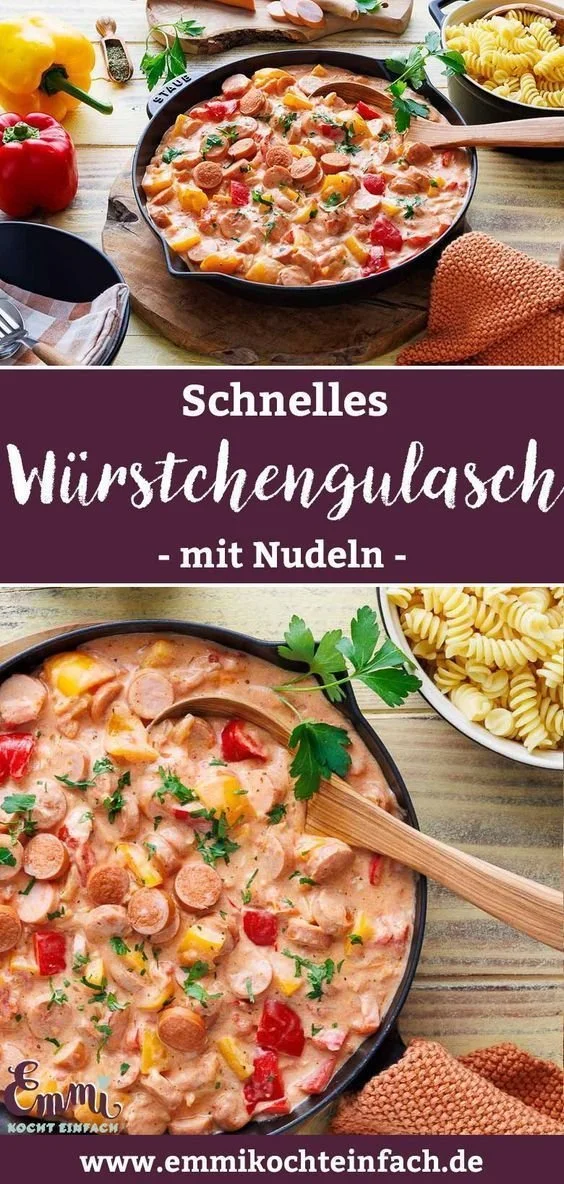 Ein Teller Würstchengulasch, schnell und einfach zubereitet.